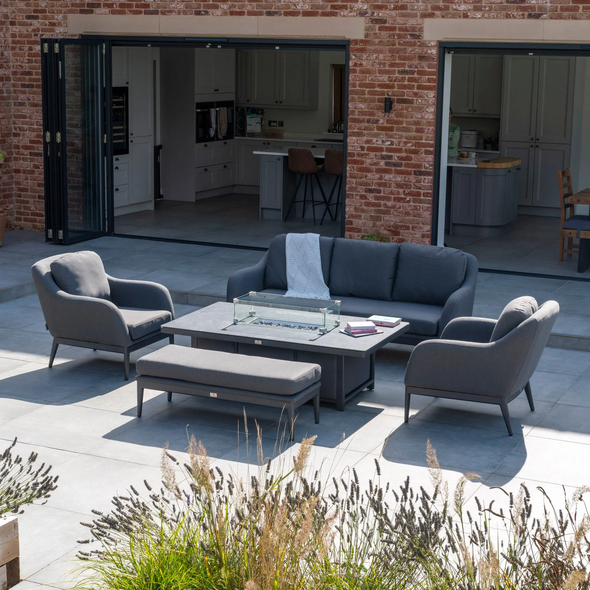 Luna 3 Seat Outdoor Fabric Sofa Set with Rising Firepit Table in Grey
