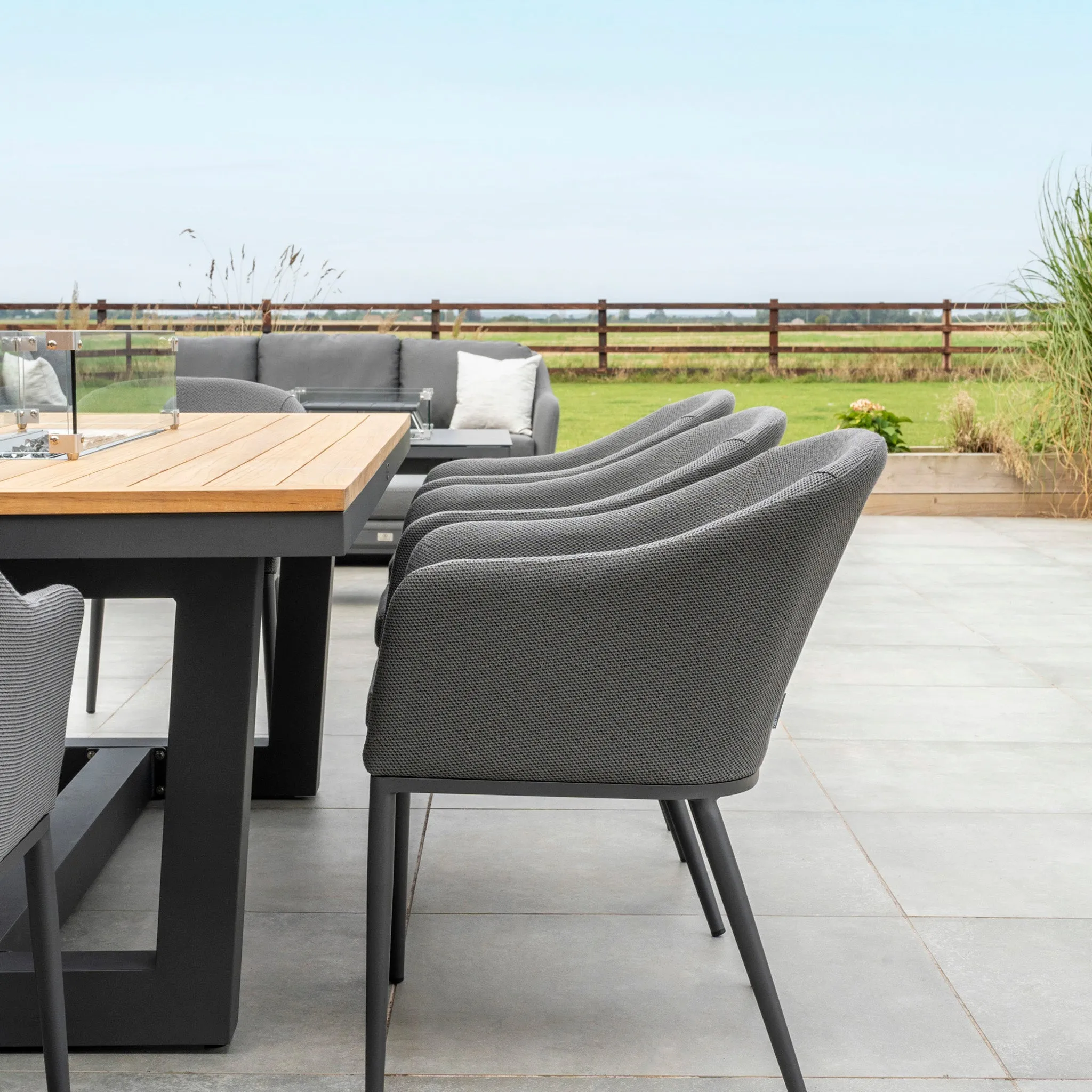 Luna 8 Seat Outdoor Fabric Rectangular Teak Firepit Dining Set in Grey