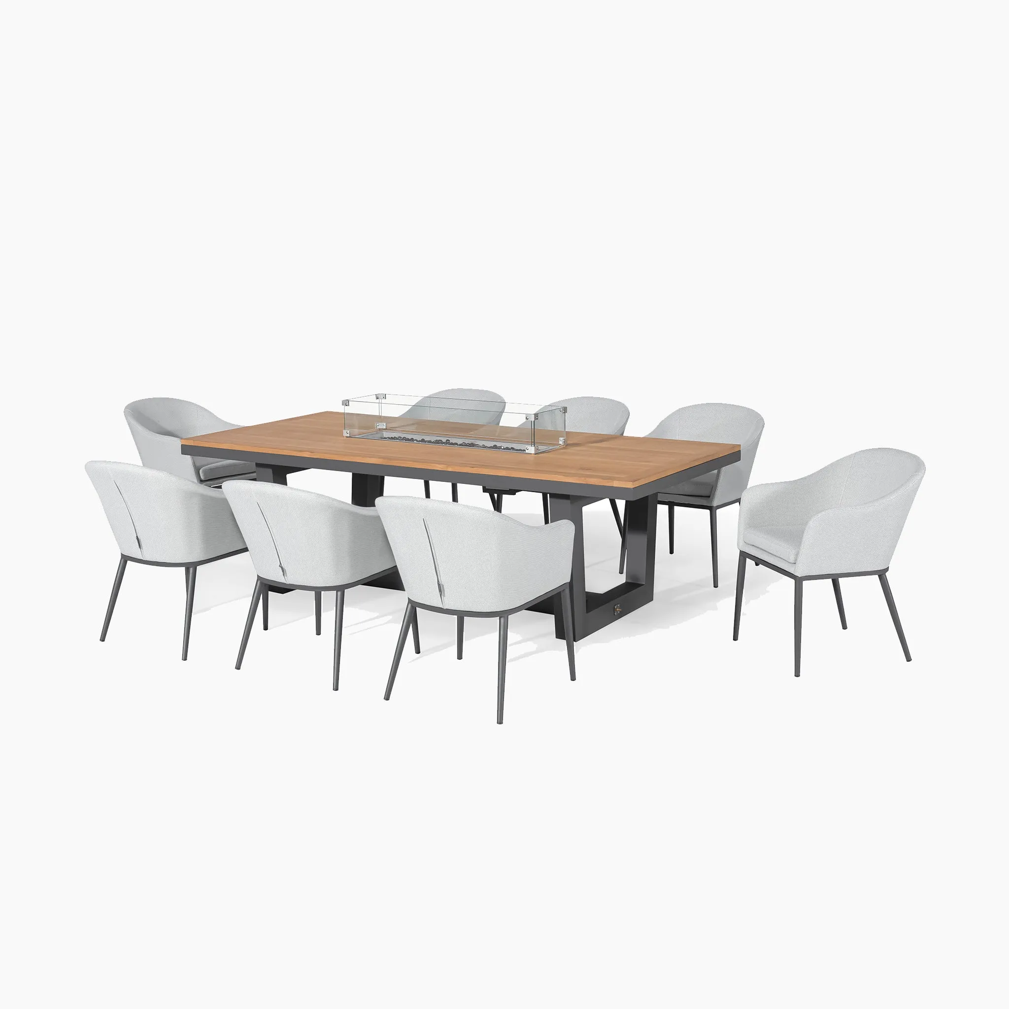 Luna 8 Seat Outdoor Fabric Rectangular Teak Firepit Dining Set in Oyster Grey