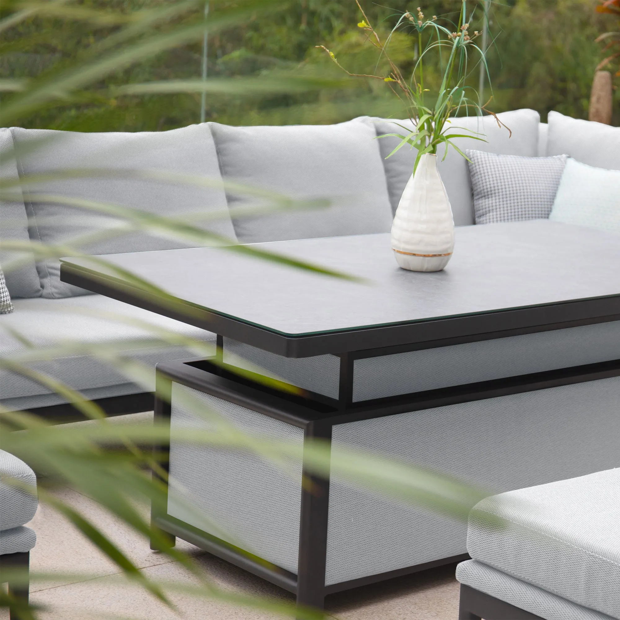 Luna Outdoor Fabric Rectangular Corner Dining Set with Rising Table in Oyster Grey (Right Hand)