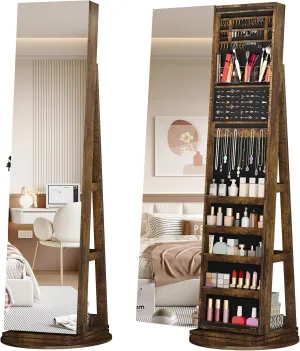 LVSOMT 360 Swivel Jewelry Cabinet with Full Length Mirror, 63" Large Capacity Jewelry Organizer Armoire, Lockable Mirror with Jewelry Storage, Floor Standing Mirror, Storage Shelves (Retro Brown)