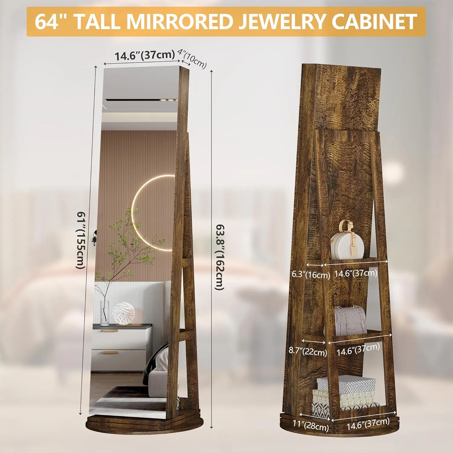 LVSOMT 360 Swivel Jewelry Cabinet with Full Length Mirror, 63" Large Capacity Jewelry Organizer Armoire, Lockable Mirror with Jewelry Storage, Floor Standing Mirror, Storage Shelves (Retro Brown)