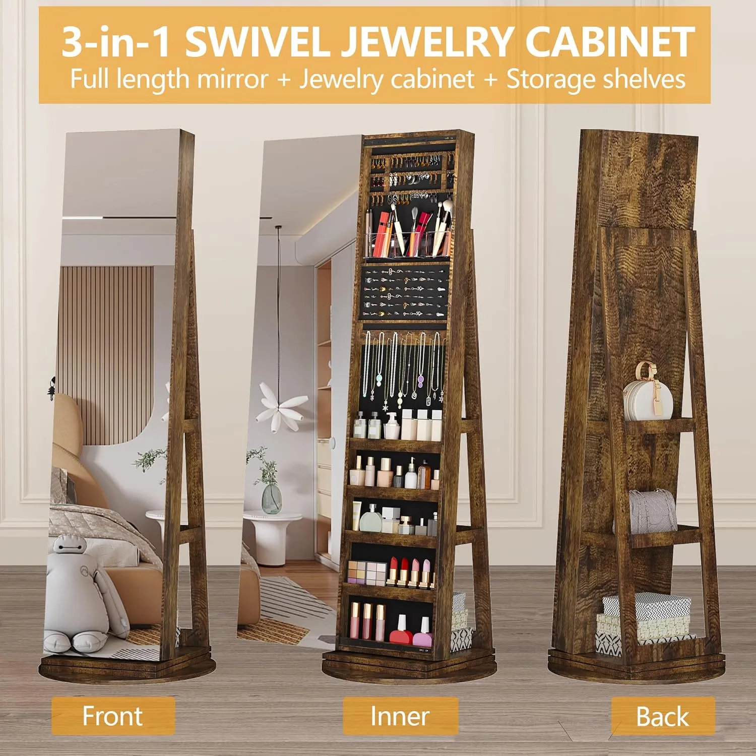 LVSOMT 360 Swivel Jewelry Cabinet with Full Length Mirror, 63" Large Capacity Jewelry Organizer Armoire, Lockable Mirror with Jewelry Storage, Floor Standing Mirror, Storage Shelves (Retro Brown)