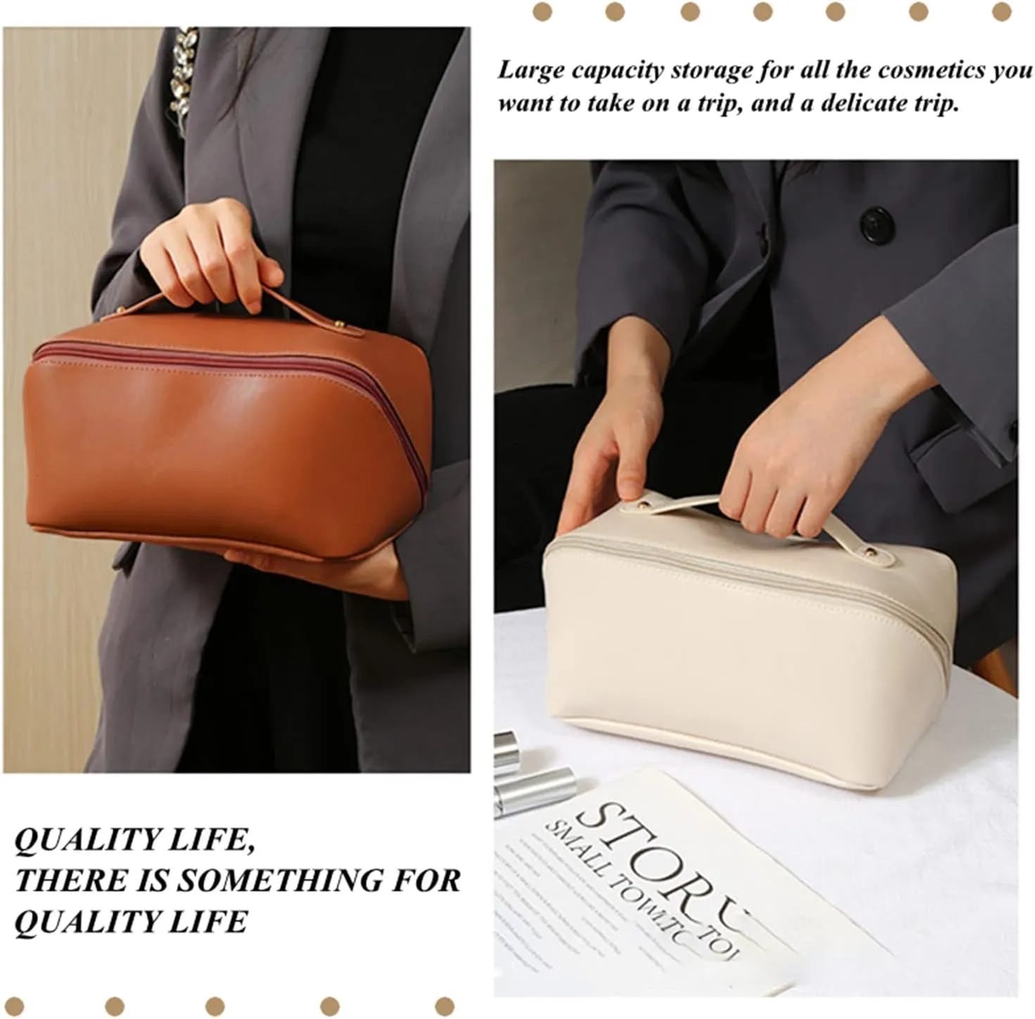 Makeup Travel Bag Organizer, Large Capacity Travel Cosmetic Bag, PU Leather Waterproof Cosmetic Bag, Multifunctional Makeup Bag Portable Travel Toiletry Bag Organizer for Women (White)
