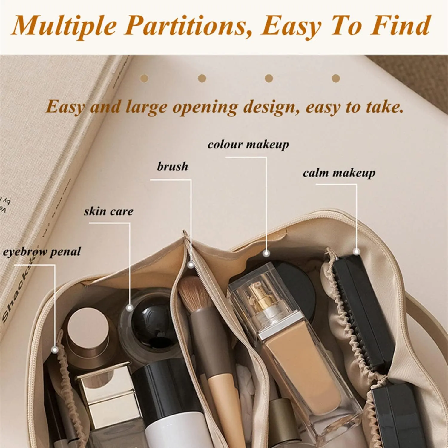 Makeup Travel Bag Organizer, Large Capacity Travel Cosmetic Bag, PU Leather Waterproof Cosmetic Bag, Multifunctional Makeup Bag Portable Travel Toiletry Bag Organizer for Women (White)
