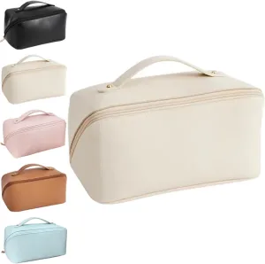 Makeup Travel Bag Organizer, Large Capacity Travel Cosmetic Bag, PU Leather Waterproof Cosmetic Bag, Multifunctional Makeup Bag Portable Travel Toiletry Bag Organizer for Women (White)