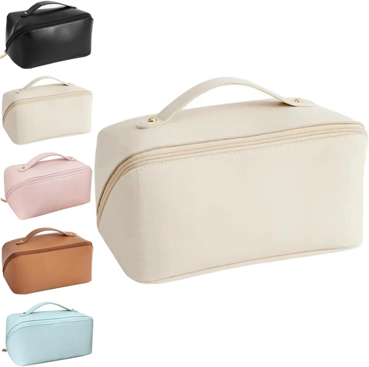Makeup Travel Bag Organizer, Large Capacity Travel Cosmetic Bag, PU Leather Waterproof Cosmetic Bag, Multifunctional Makeup Bag Portable Travel Toiletry Bag Organizer for Women (White)