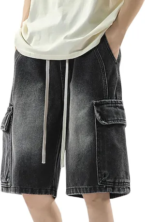 Men Y2K Grunge Baggy Jean Shorts Casual Summer Hip Hop Mid Loose Denim Shorts Streetwear