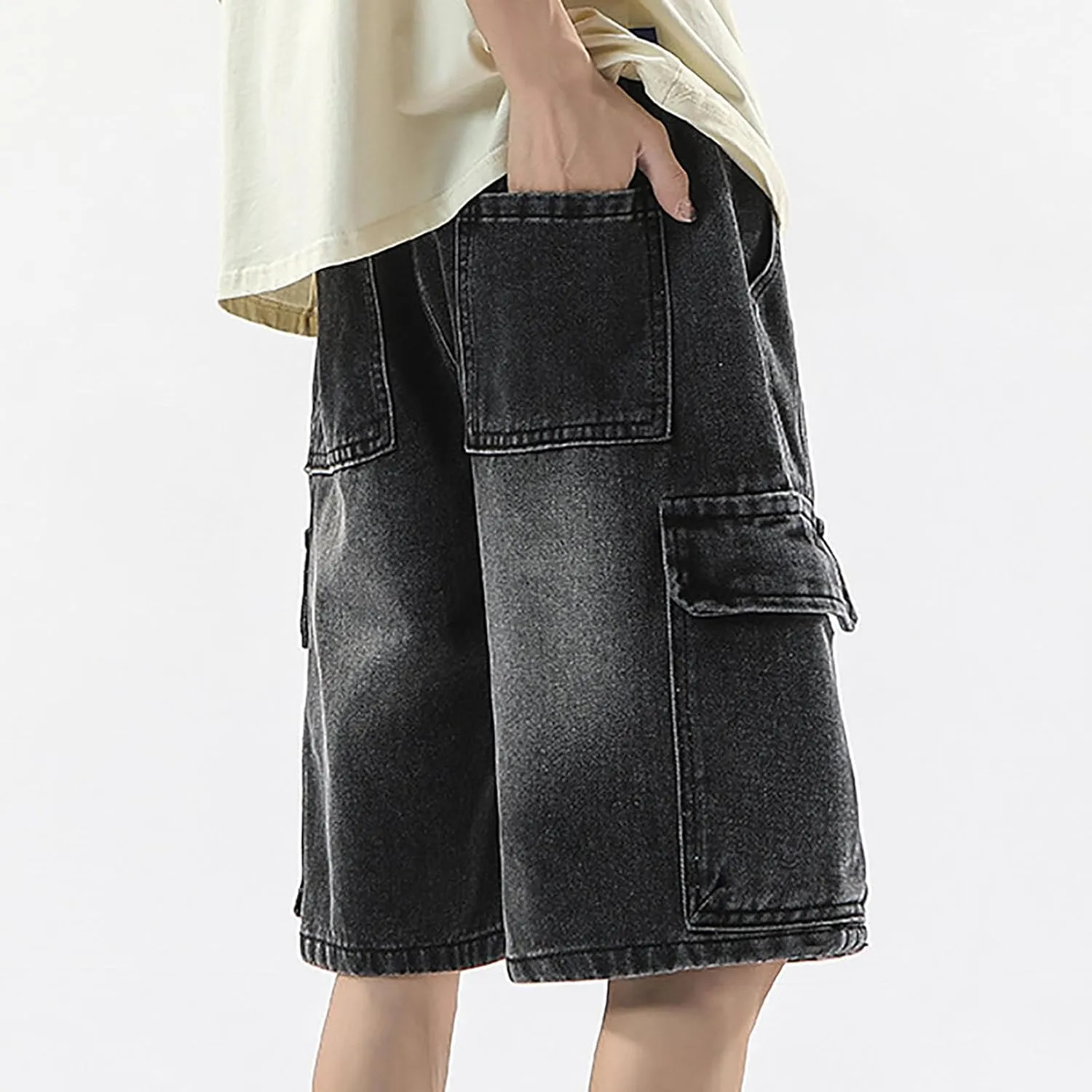 Men Y2K Grunge Baggy Jean Shorts Casual Summer Hip Hop Mid Loose Denim Shorts Streetwear