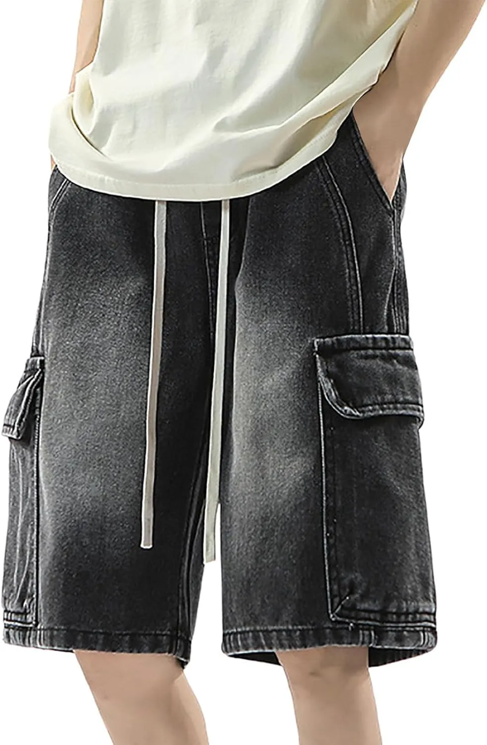 Men Y2K Grunge Baggy Jean Shorts Casual Summer Hip Hop Mid Loose Denim Shorts Streetwear