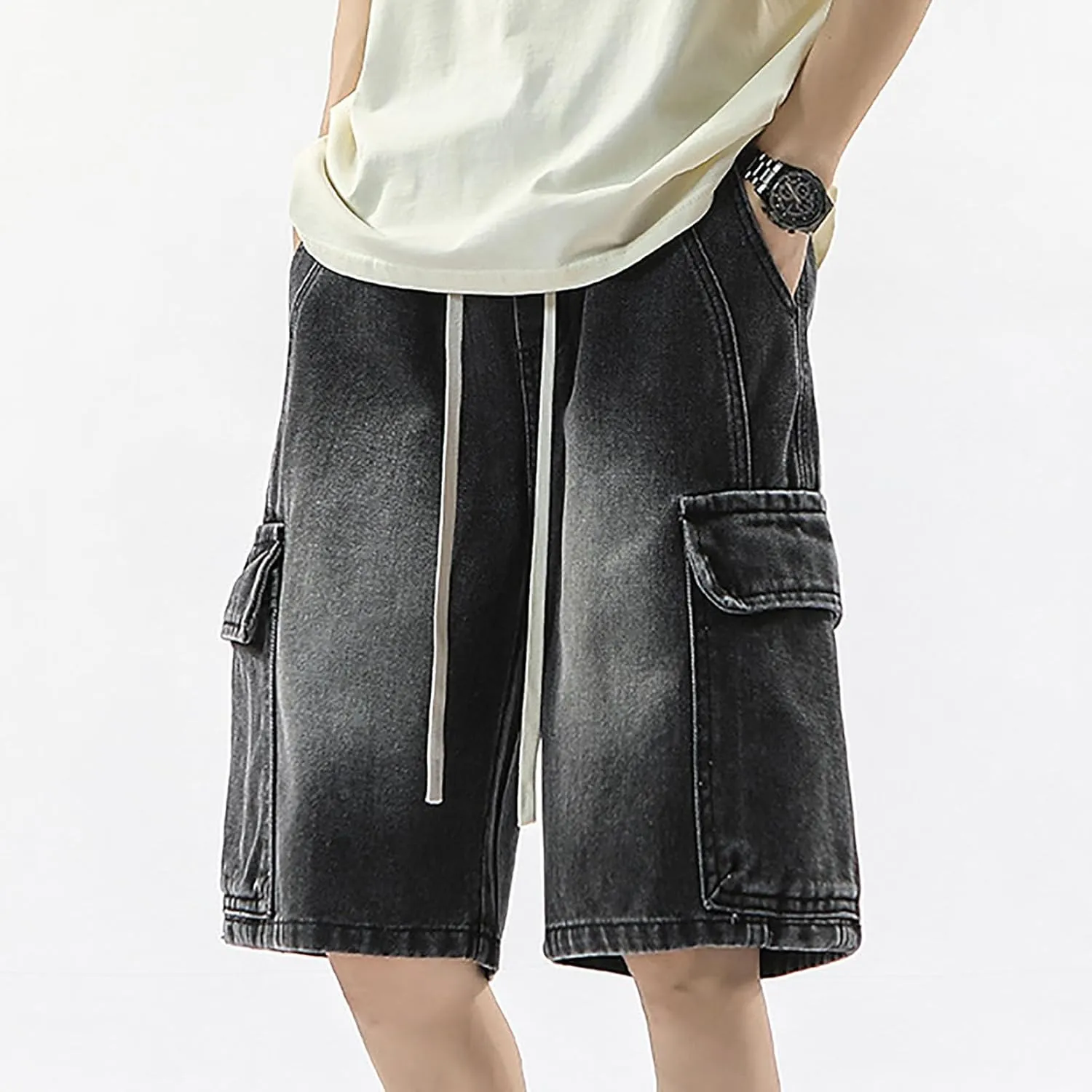 Men Y2K Grunge Baggy Jean Shorts Casual Summer Hip Hop Mid Loose Denim Shorts Streetwear