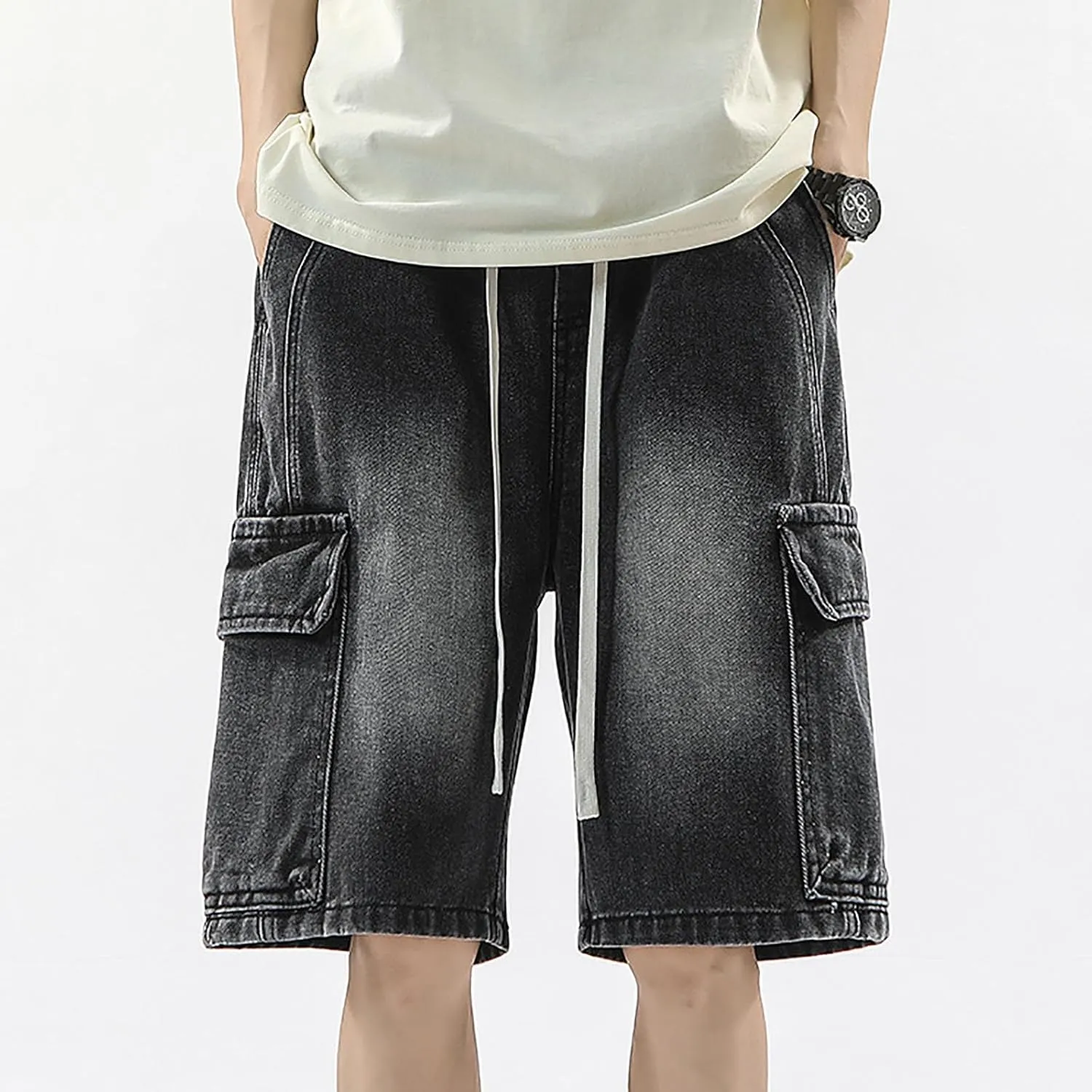 Men Y2K Grunge Baggy Jean Shorts Casual Summer Hip Hop Mid Loose Denim Shorts Streetwear