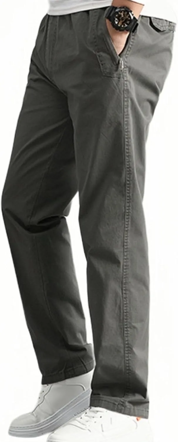 Men's Casual Pants Heavy Cotton Slim Fit Long Pants Stretch Waist Drawstring Athletic Work Pants Fall Trousers 2024