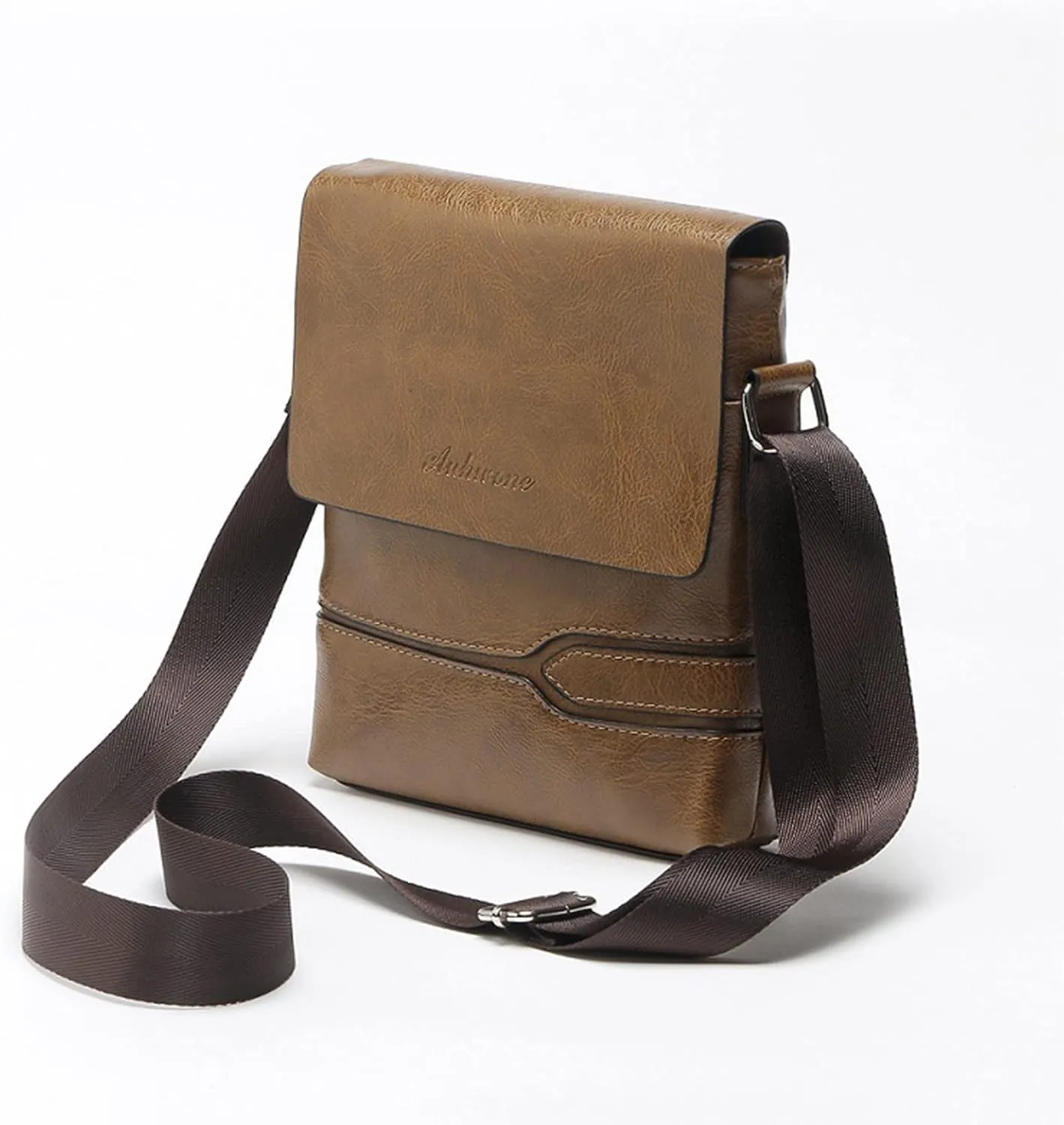 Mens Casual Solid Leather Large Capacity Adjustable Shoulder Versatile One Shoulder Messenger Bag Briefcase (Khaki, A)