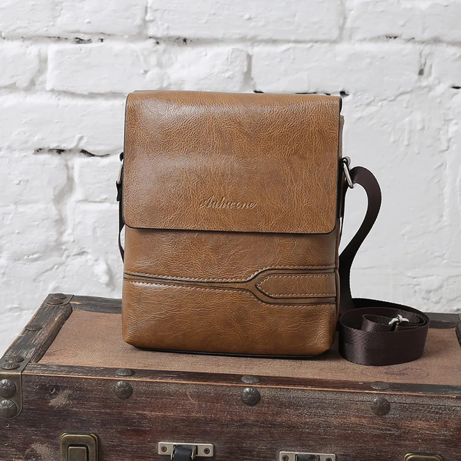 Mens Casual Solid Leather Large Capacity Adjustable Shoulder Versatile One Shoulder Messenger Bag Briefcase (Khaki, A)