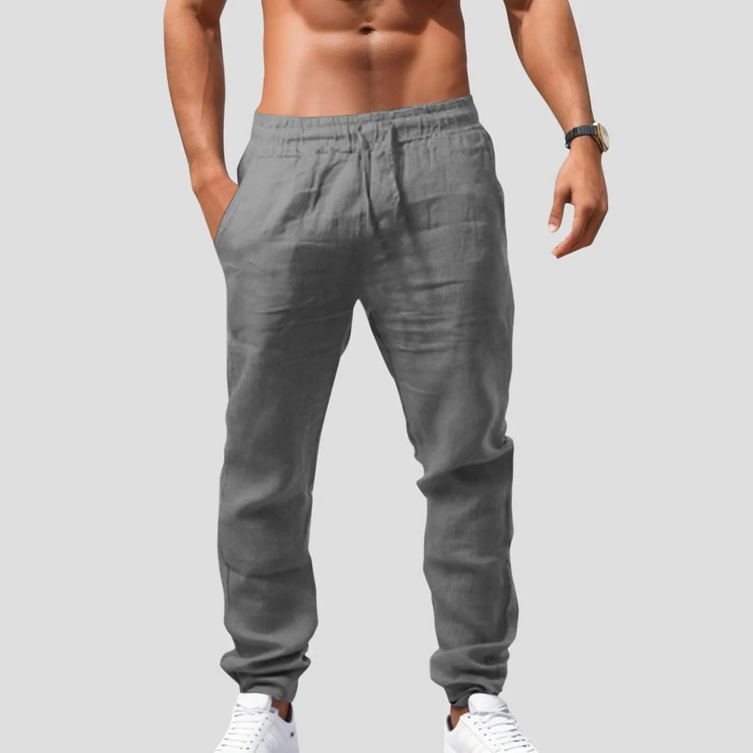 Men's Combat Cargo Pants Casual Linen Stretch Elastic Waist Pant Sweatpants Joggers Loose Training Gym Running