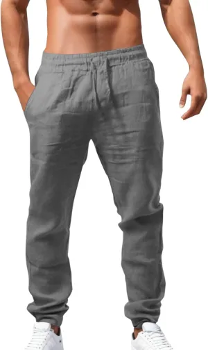 Men's Combat Cargo Pants Casual Linen Stretch Elastic Waist Pant Sweatpants Joggers Loose Training Gym Running