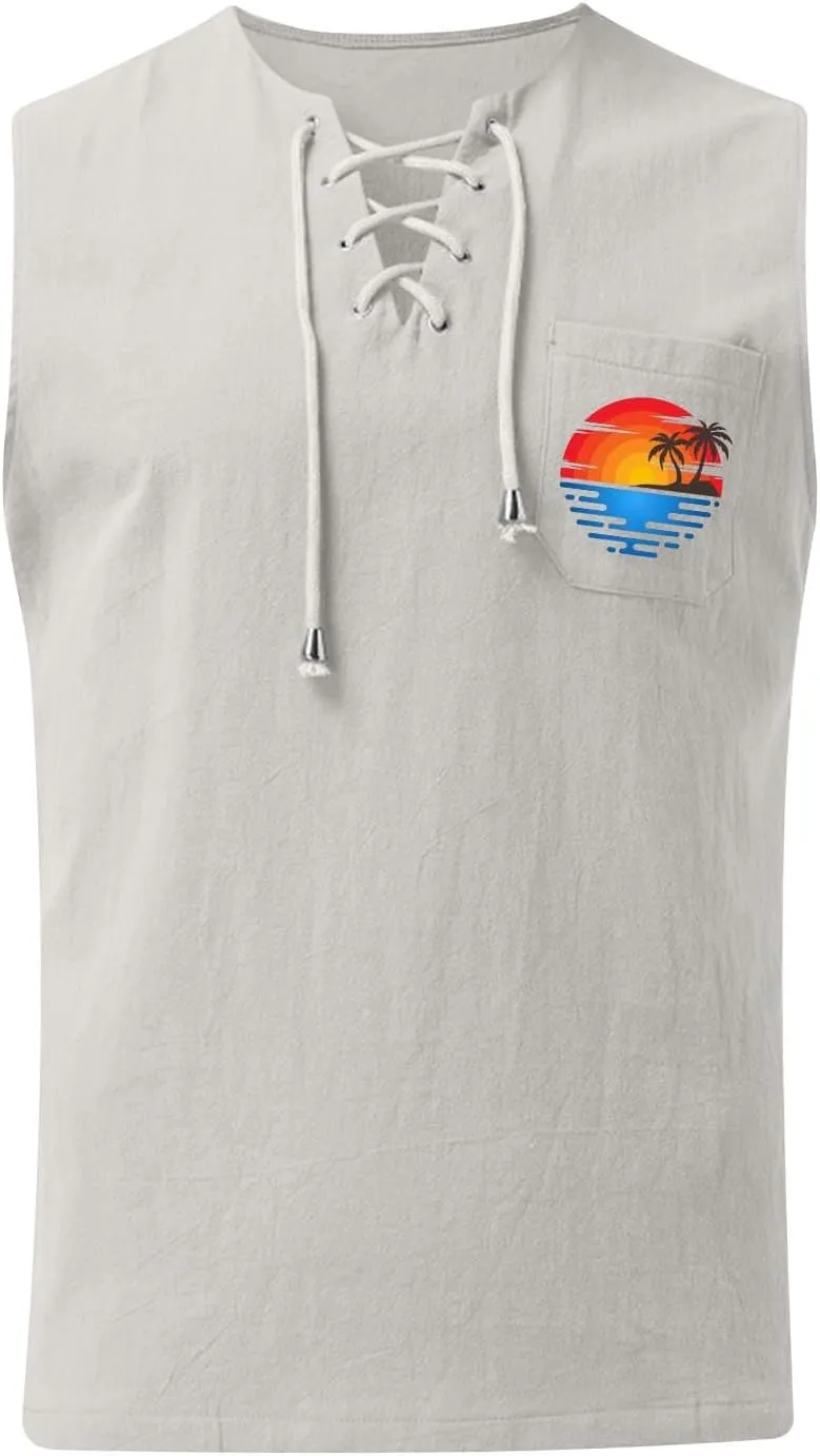 Men's Cotton Linen Tank Top Shirts Casual Sleeveless Lace Up Beach Hippie Tops Palm Tree Renaissance Pirate Tunic