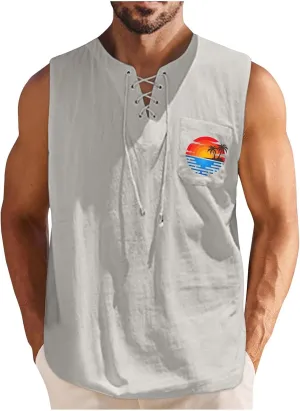 Men's Cotton Linen Tank Top Shirts Casual Sleeveless Lace Up Beach Hippie Tops Palm Tree Renaissance Pirate Tunic