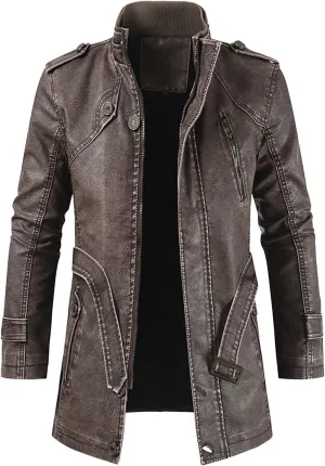 Mens Faux Leather Jackets Vintage Mid Length Windbreaker Trench Coats Full Zip Motorcycle Jackets with Pockets