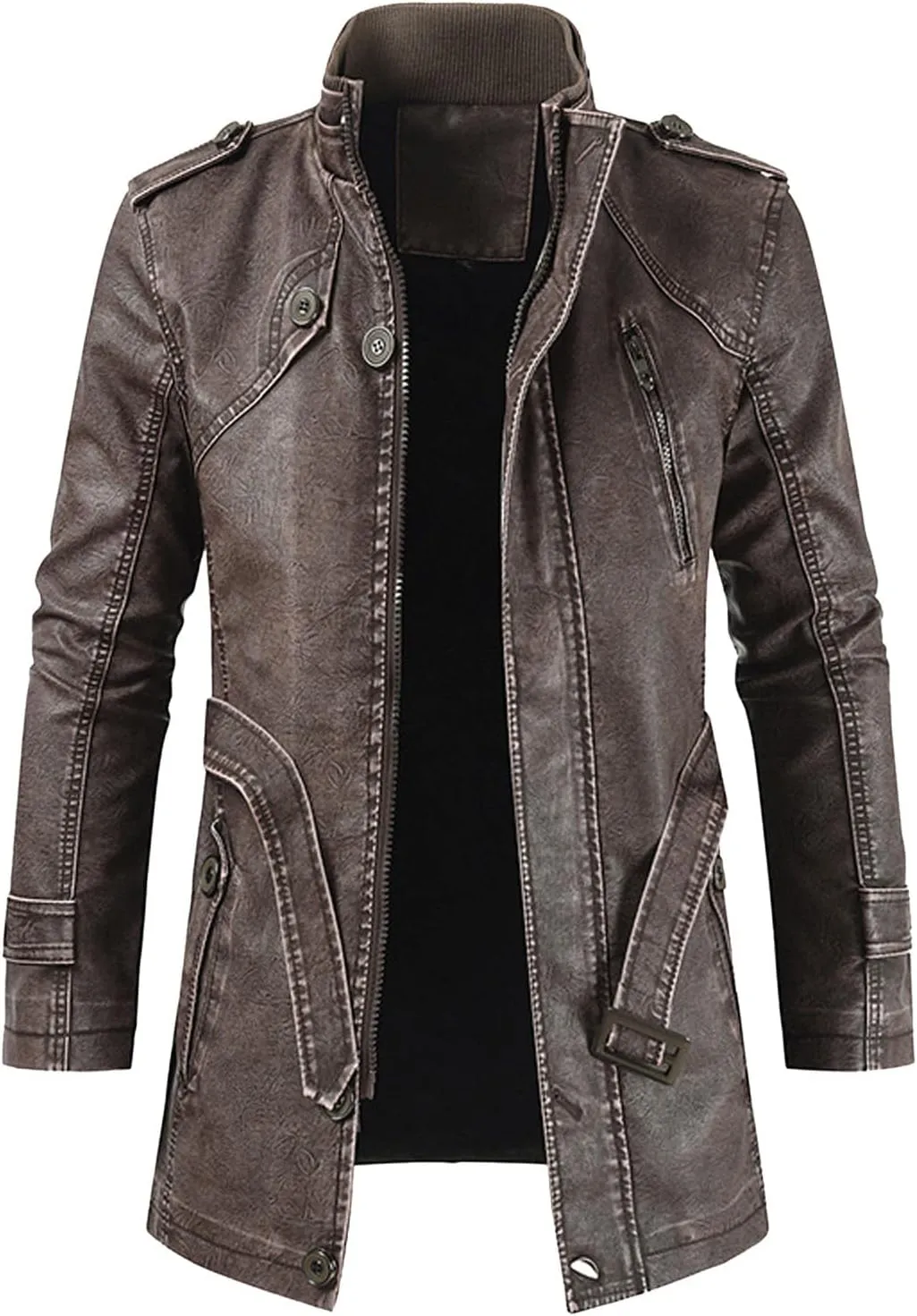 Mens Faux Leather Jackets Vintage Mid Length Windbreaker Trench Coats Full Zip Motorcycle Jackets with Pockets