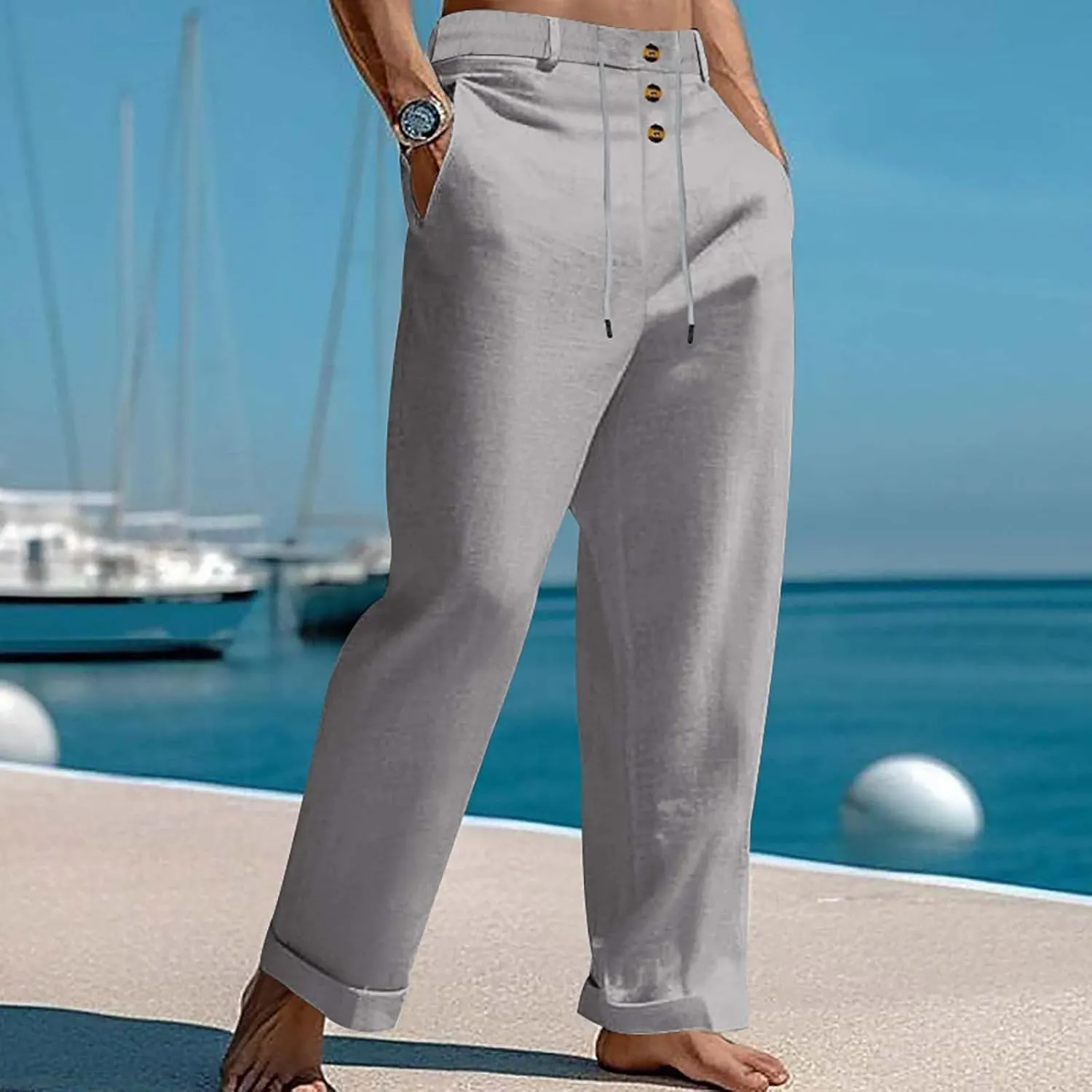 Men's Linen Beach Pants Summer Casual Pants Men's Breathable Casual Elastic Waist Drawstring Lightweight