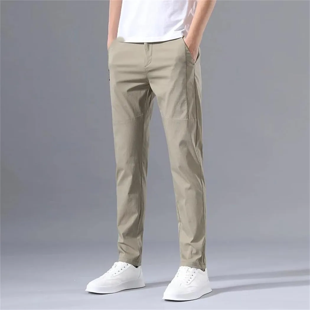 Men's Slim Fit Stretch Classic Chino Trouser Stretch Elastic Korean Summer Ice Lighteight Thin Business Pants