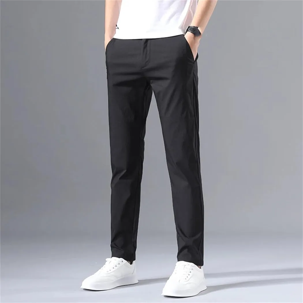 Men's Slim Fit Stretch Classic Chino Trouser Stretch Elastic Korean Summer Ice Lighteight Thin Business Pants
