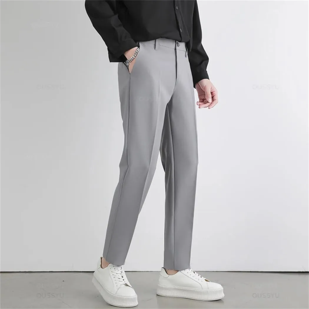 Men's Spring Summer Slim Fit Suit Pants Elastic aist Soft Korea Style Thick Formal Trousers