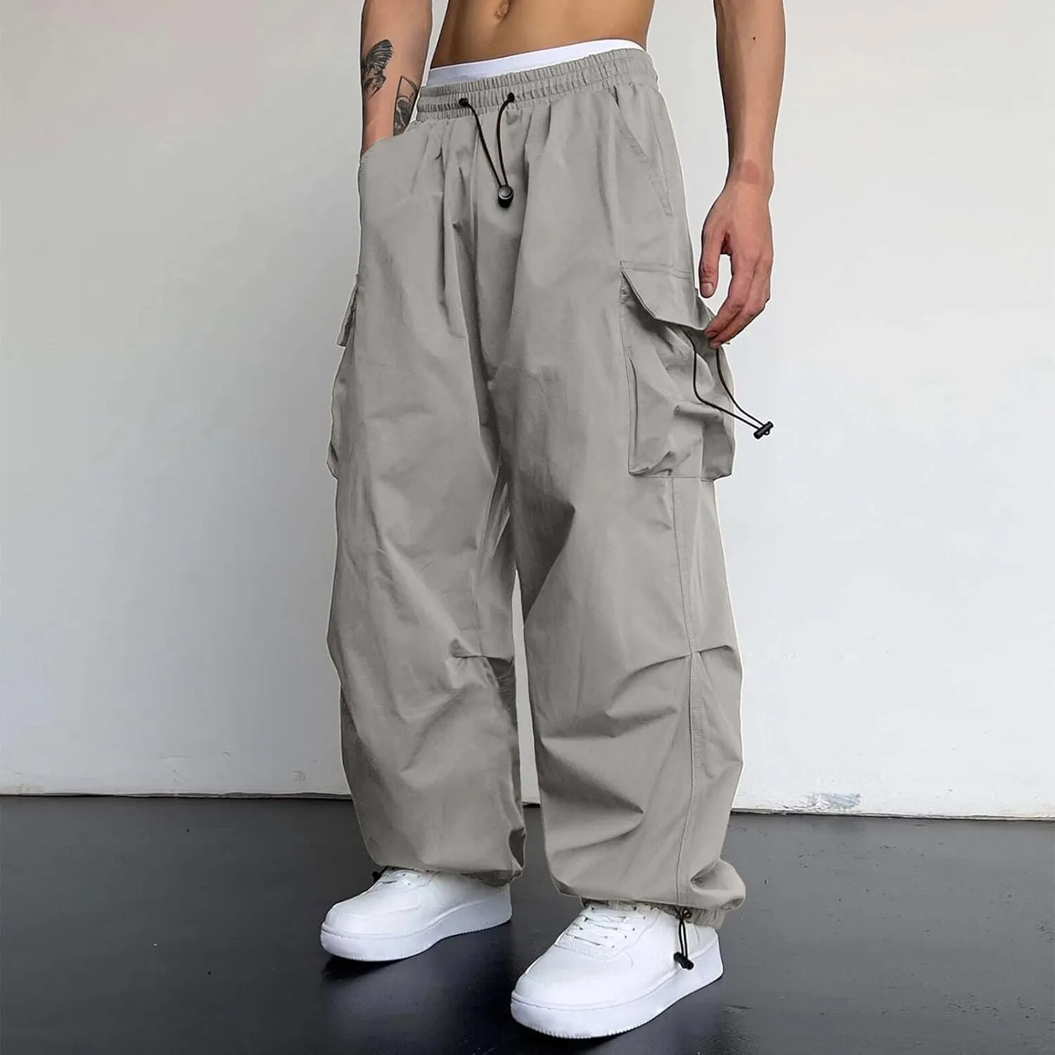 Mens Work Cargo Pant Wide Leg Casual Joggers Drawstring Waist Cargo Work Pants Multi Pockets