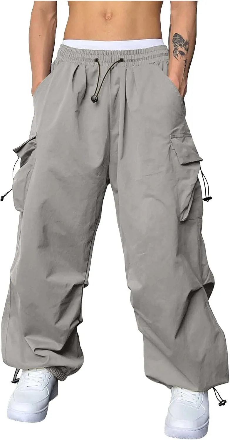 Mens Work Cargo Pant Wide Leg Casual Joggers Drawstring Waist Cargo Work Pants Multi Pockets