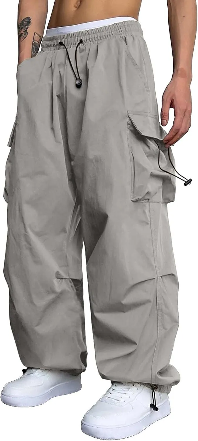 Mens Work Cargo Pant Wide Leg Casual Joggers Drawstring Waist Cargo Work Pants Multi Pockets