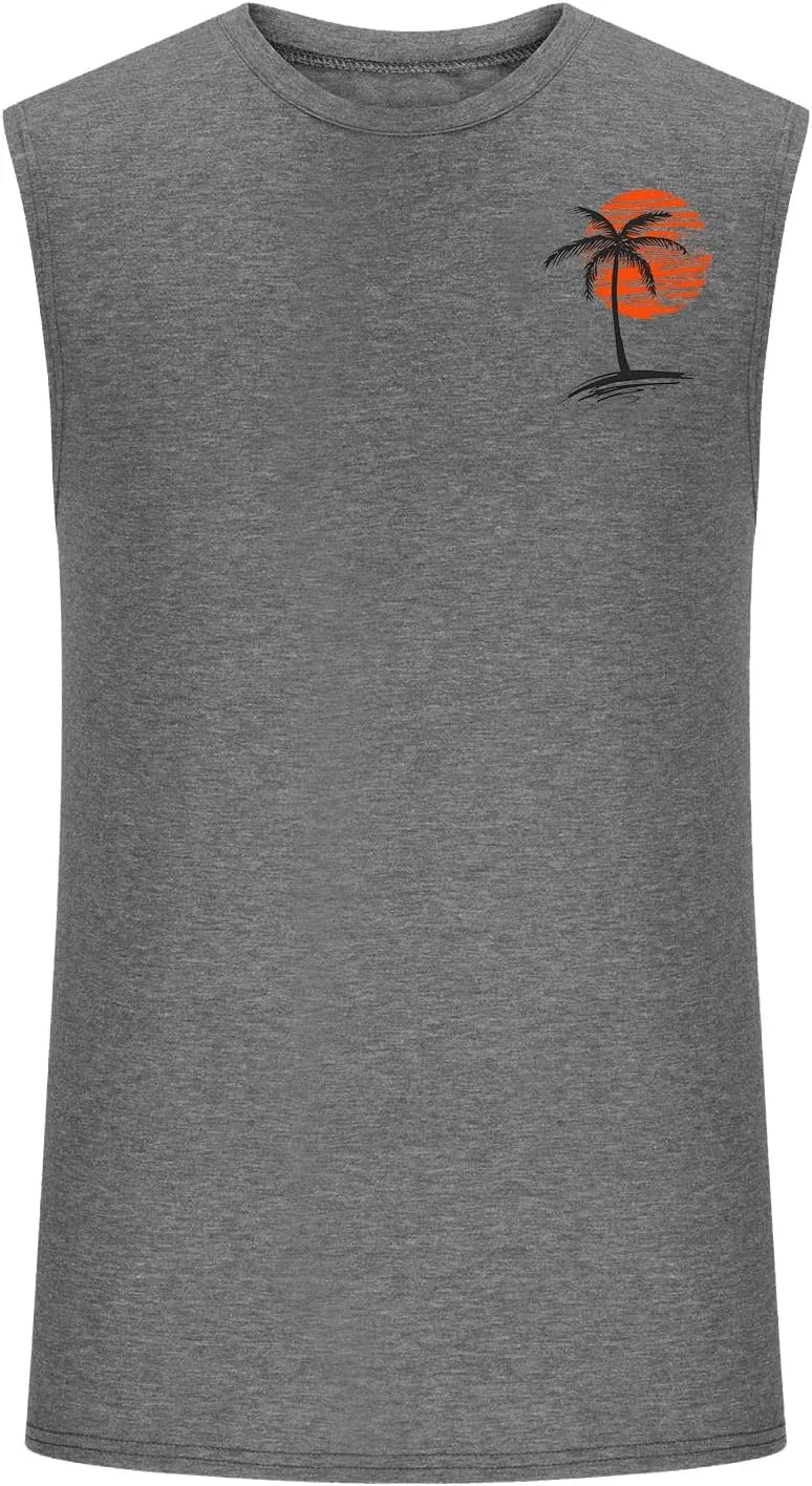 Men's Workout Tank Tops Gym Cut Off Sleeveless T Shirt Bodybuilding Fitness Muscle Athletic Tank Top Palm Tree Shirts Tee