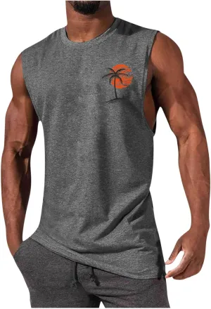 Men's Workout Tank Tops Gym Cut Off Sleeveless T Shirt Bodybuilding Fitness Muscle Athletic Tank Top Palm Tree Shirts Tee