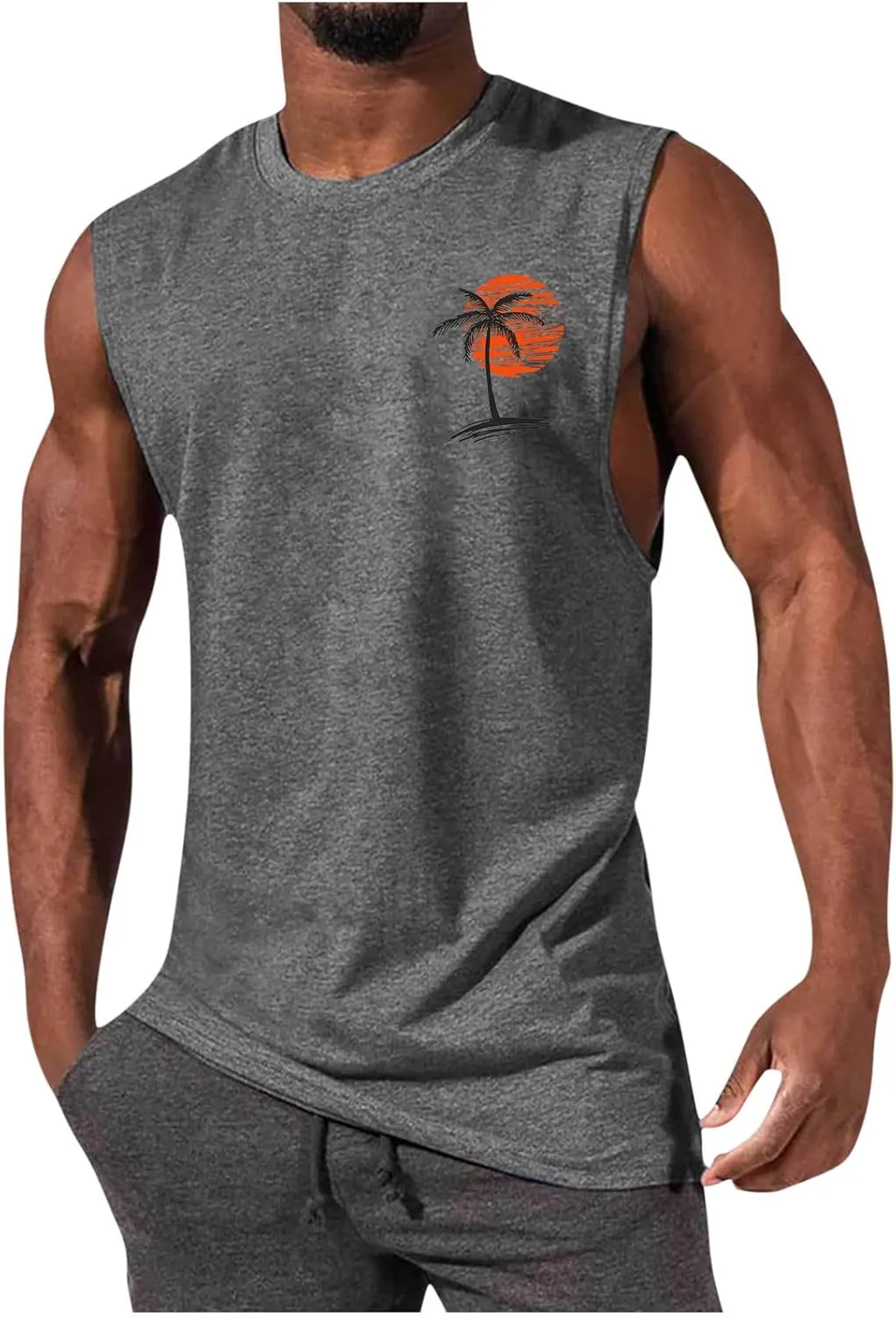 Men's Workout Tank Tops Gym Cut Off Sleeveless T Shirt Bodybuilding Fitness Muscle Athletic Tank Top Palm Tree Shirts Tee