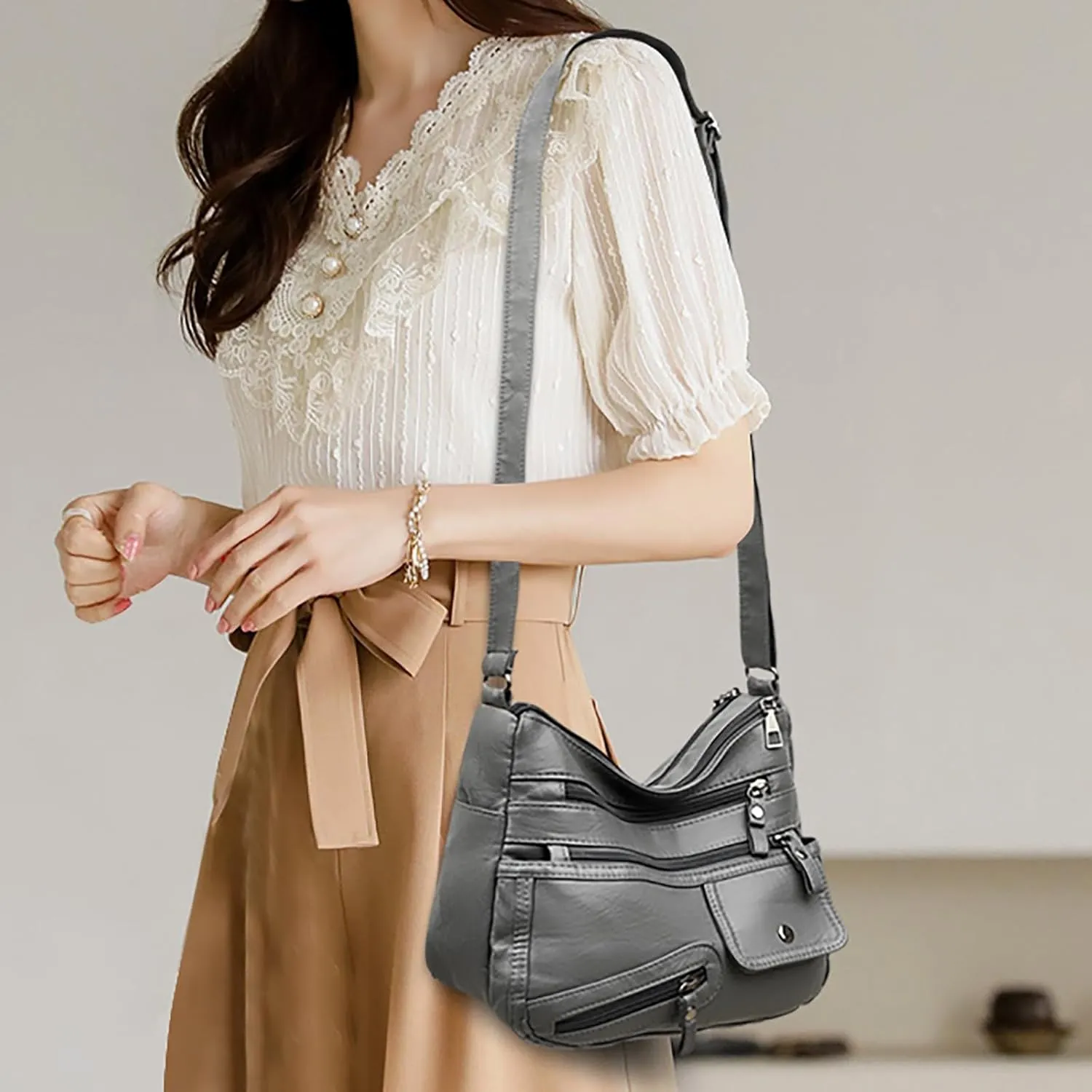 Mesh Beach Tote Vintage New Versatile Soft PU Leather Interlayer One Shoulder Crossbody Bag Handbag