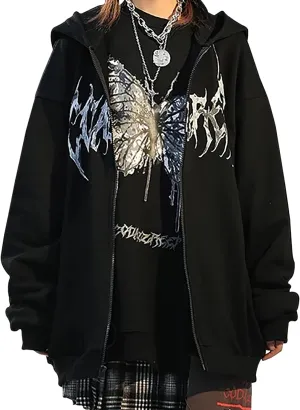 MISSACTIVER Womens Casual Graphic Printed Hoodies Oversized Zip Up 90S E-Girl Streetwear Grunge Jacket