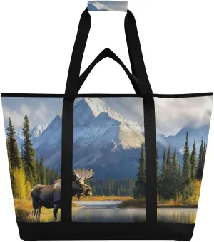 Moose Forest Landscape Moutain Large Insulated Tote Bag for Grocery Shopping Reusable Tote Bags for Women Men, Cooler Bag with Zippered Top & Handles for Beach Picnic Travel