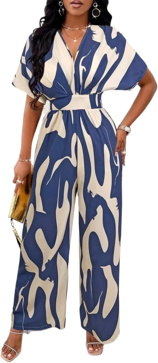 NALUMA Women's 2024 Casual Long Jumpsuits Blue Print Batwing Sleeve Belted Jumpsuit