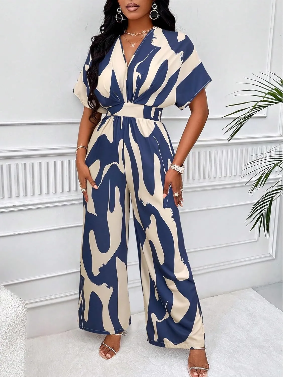 NALUMA Women's 2024 Casual Long Jumpsuits Blue Print Batwing Sleeve Belted Jumpsuit