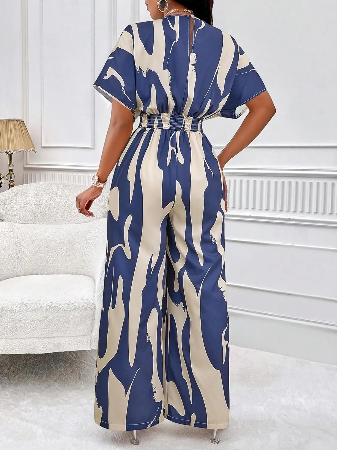 NALUMA Women's 2024 Casual Long Jumpsuits Blue Print Batwing Sleeve Belted Jumpsuit