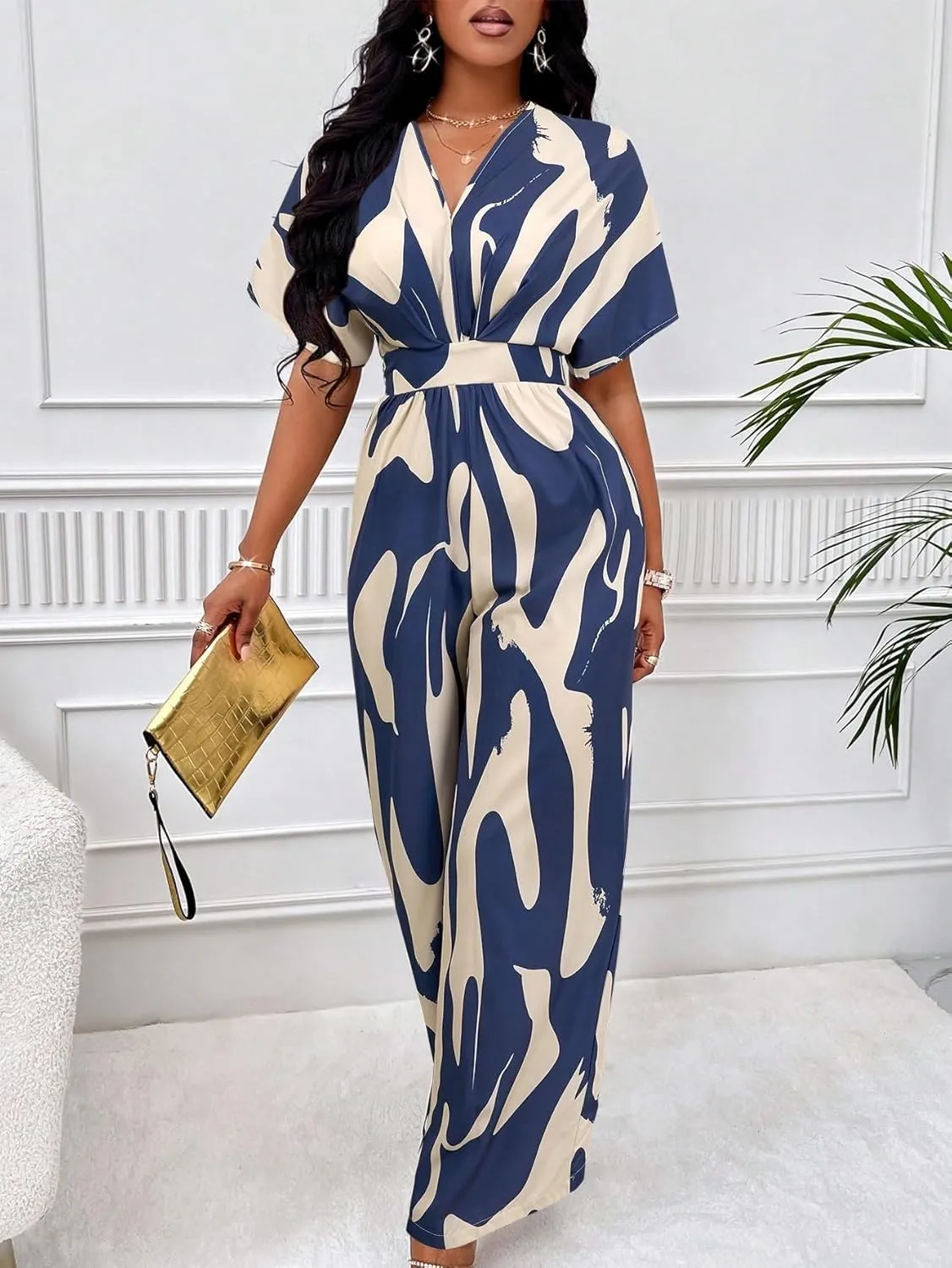 NALUMA Women's 2024 Casual Long Jumpsuits Blue Print Batwing Sleeve Belted Jumpsuit