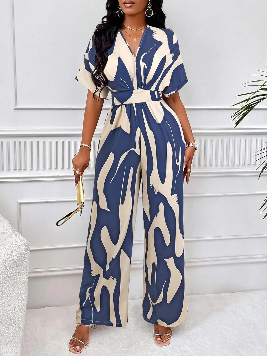 NALUMA Women's 2024 Casual Long Jumpsuits Blue Print Batwing Sleeve Belted Jumpsuit