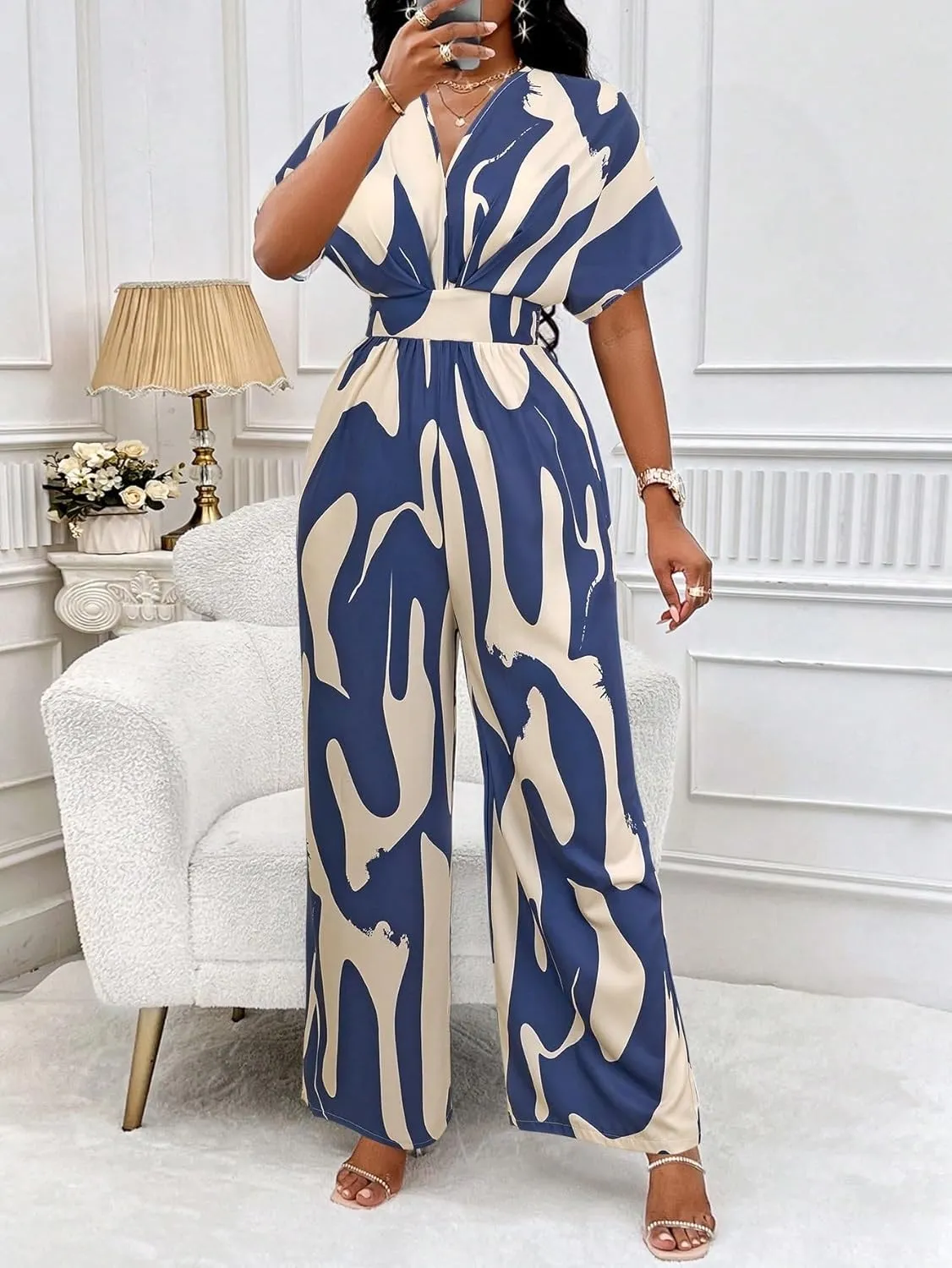 NALUMA Women's 2024 Casual Long Jumpsuits Blue Print Batwing Sleeve Belted Jumpsuit