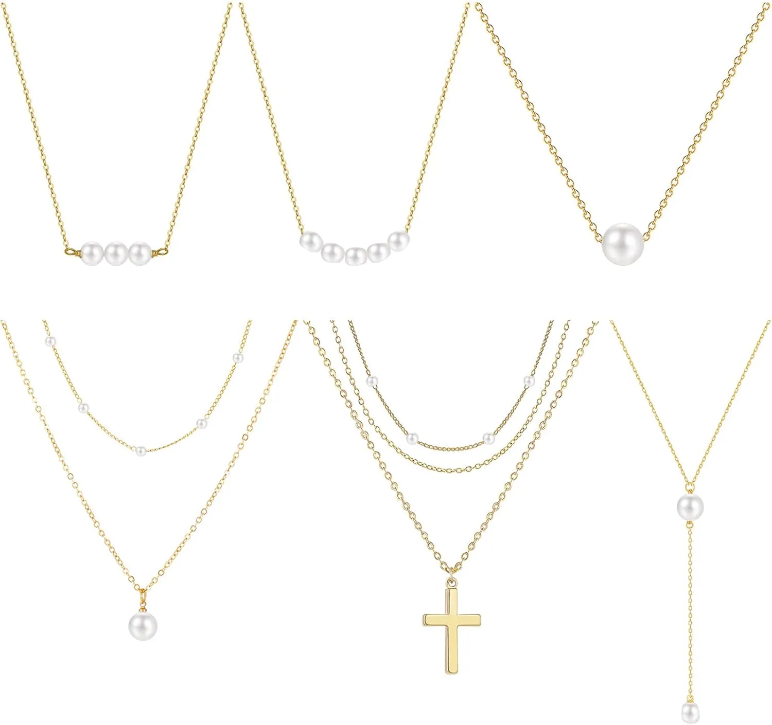 NEWITIN 6 Pieces Chain Necklaces for Women Gold Plated Necklace Cross Bow Pearl Star Heart Pendant Gold Necklace Set for Women