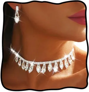 Nicute Rhinestone Costume Jewelry Set Silver Necklace and Earrings Sets Crystal Prom Jewelry Sets for Women