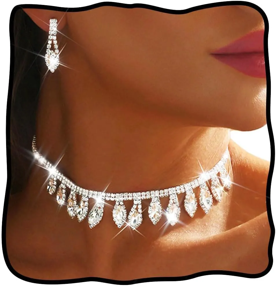 Nicute Rhinestone Costume Jewelry Set Silver Necklace and Earrings Sets Crystal Prom Jewelry Sets for Women