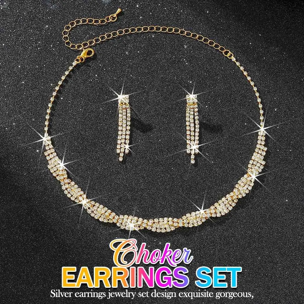 Nicute Women Rhinestone Jewelry Set Crystal Choker Earrings Set Line Necklace for Prom Bridal Wedding Jewelry