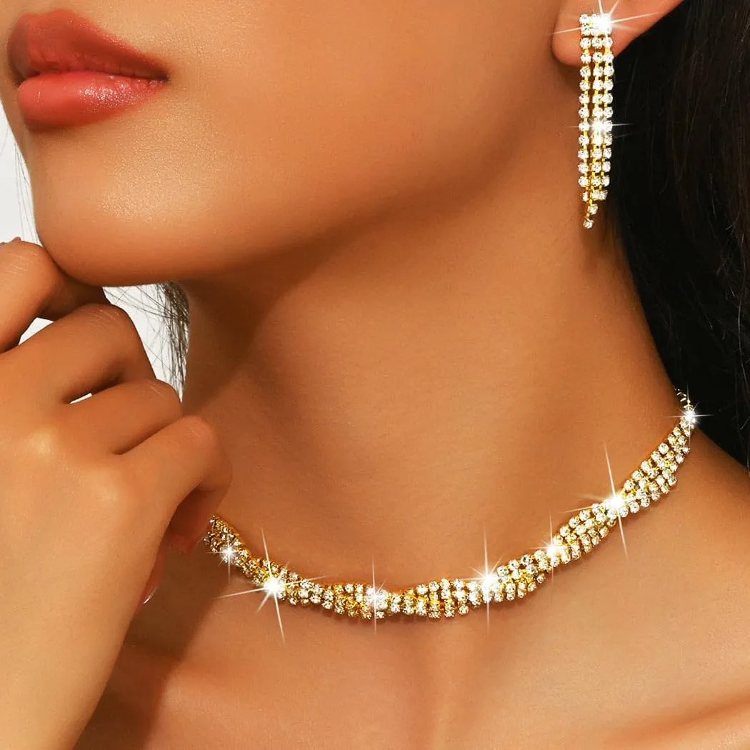 Nicute Women Rhinestone Jewelry Set Crystal Choker Earrings Set Line Necklace for Prom Bridal Wedding Jewelry