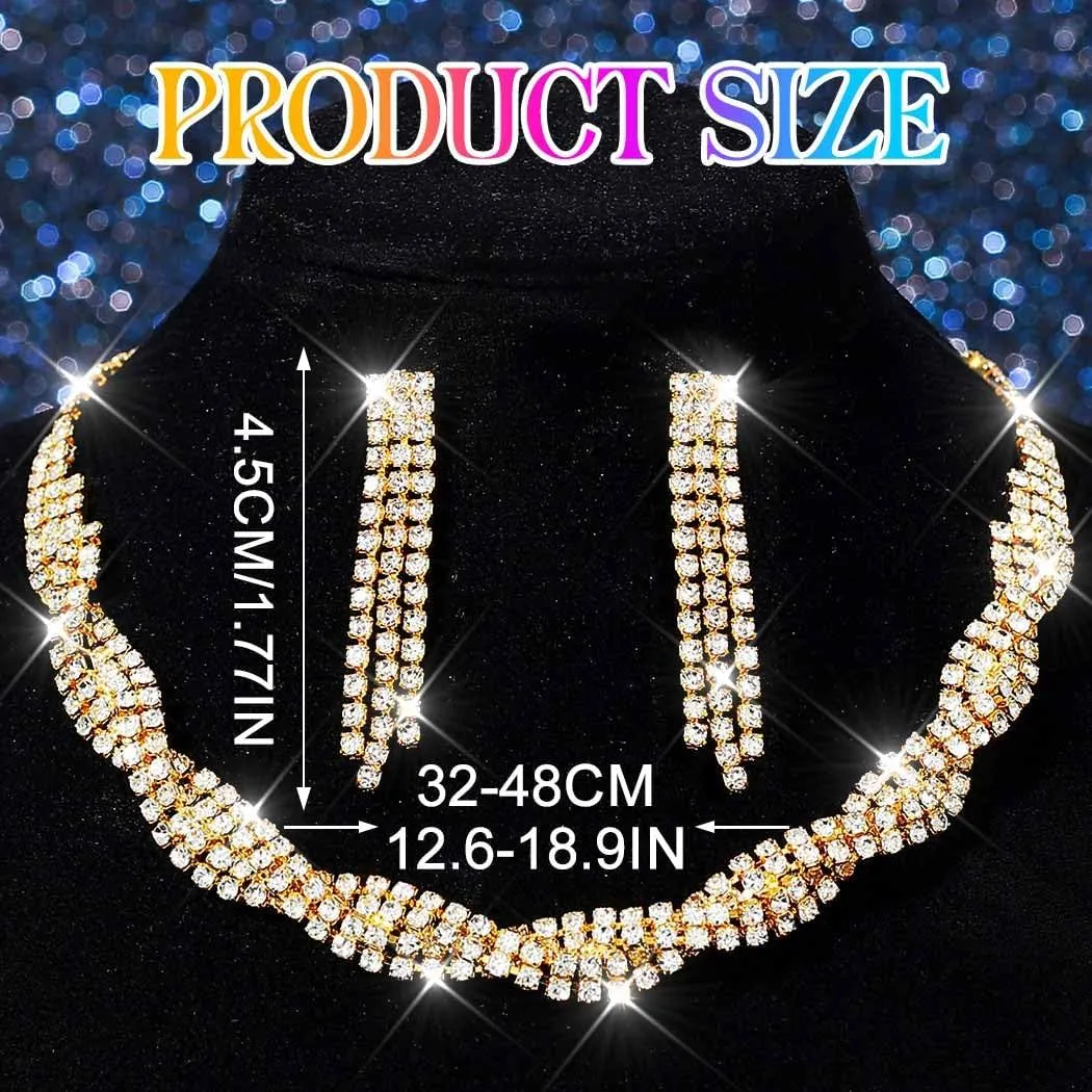 Nicute Women Rhinestone Jewelry Set Crystal Choker Earrings Set Line Necklace for Prom Bridal Wedding Jewelry